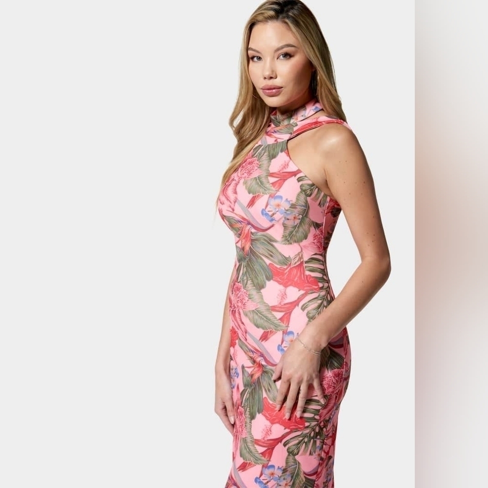 Bebe Choker Neck Floral Print Dress, Size Medium